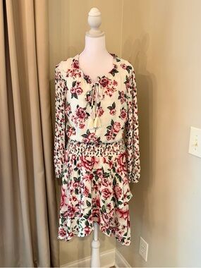 Farm Rio Floral Tassel-Neck Long Sleeve Dress Flawed Size S